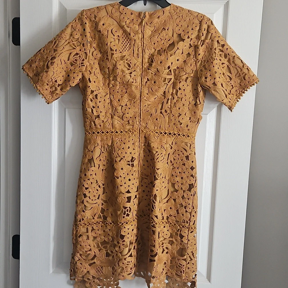 Adelyn Rae Lace V-neck Short Sleeve Sheath Mini Dress: Color- Mustard - Picture 7 of 11